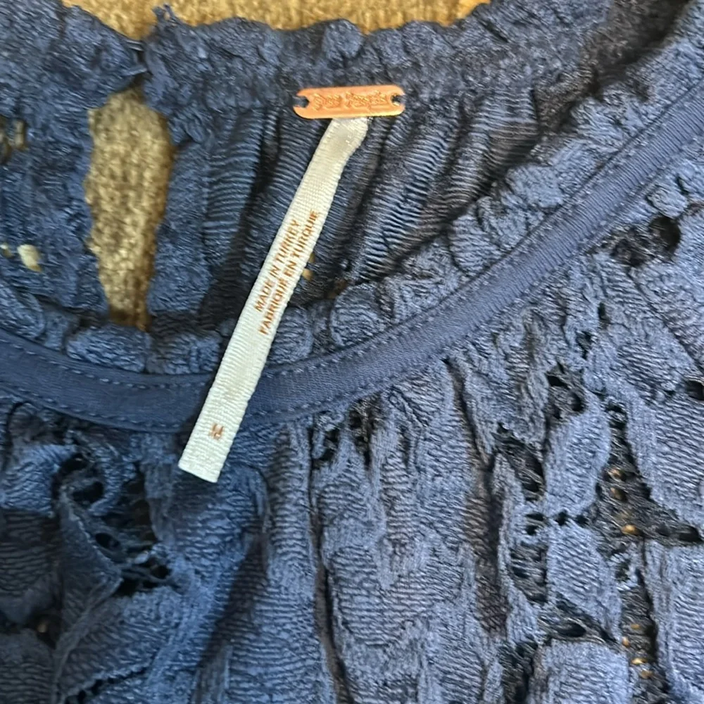 Free People Navy Blue Floral Lace Elastic Sleeve Blouse